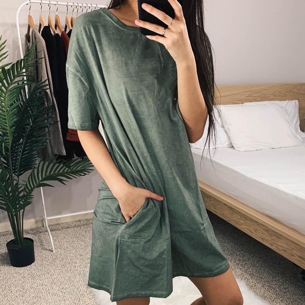 🆕 Olive Green Oil Washed T-Shirt Dress - Picture 5 of 6